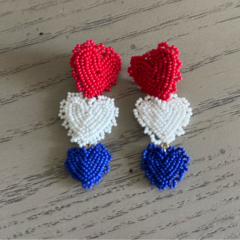 Red, White, and Blue Beaded Heart Earrings